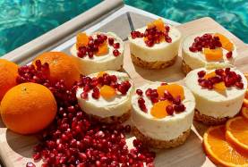 Mini cheesecakes with pomegranate and orange on board a Moorings 4500